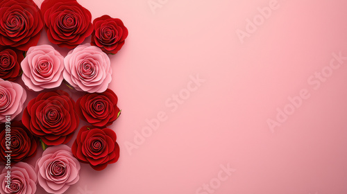 Red and pink roses arranged on soft pink background, creating romantic and elegant floral border