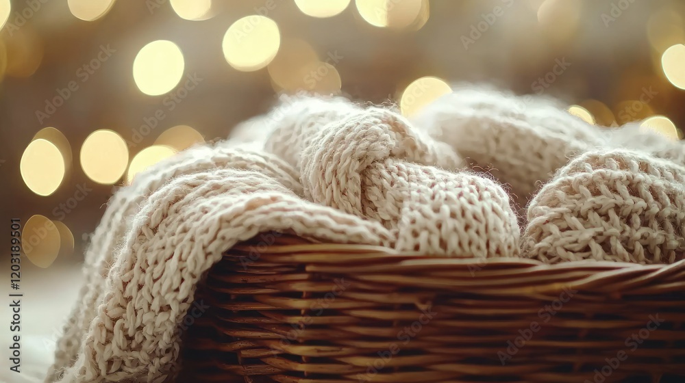 Obraz premium Knitted blanket in basket, cozy lights background, winter comfort