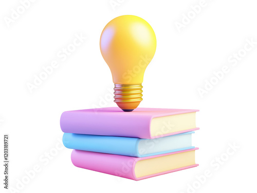 Isolated Yellow Light Bulb on Stack of Pink Books