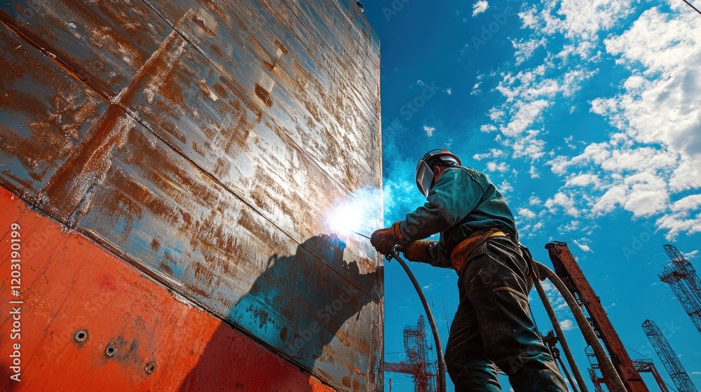 Fototapeta premium Welder working on a shipyard project, welding large steel panels under a bright blue sky