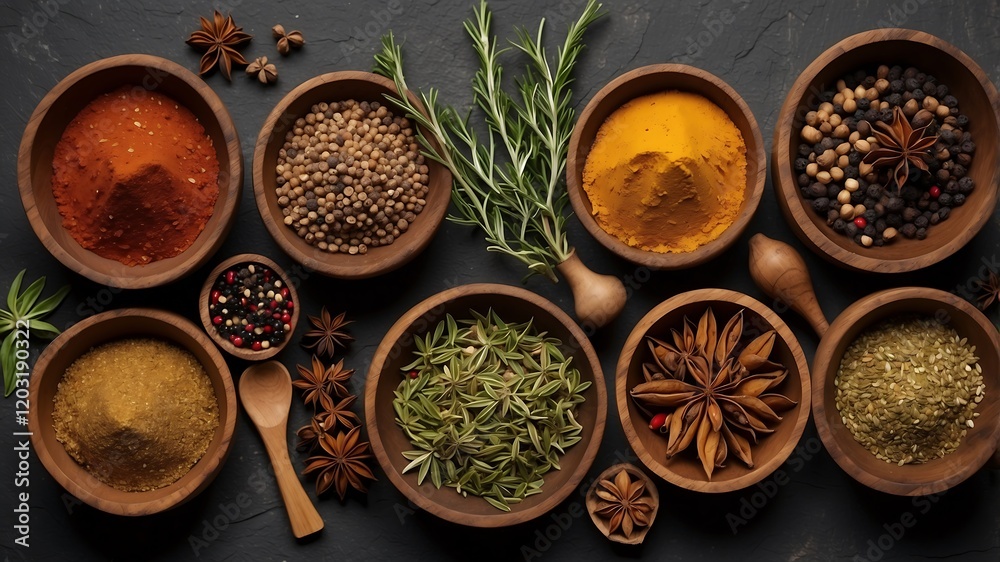 spices and herbs, A Variety of Fresh Spices and Herbs Displayed in a Rustic Kitchen for Flavorful Cooking and Natural Remedies spices and herbs, A Variety of Fresh Spices and Herbs Displayed in a Rustic Kitchen for Flavorful Cooking and Natural Remedies