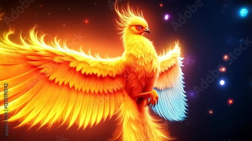 A majestic mythical phoenix with large, fiery wings. Concept of reborn or rising from ashes.