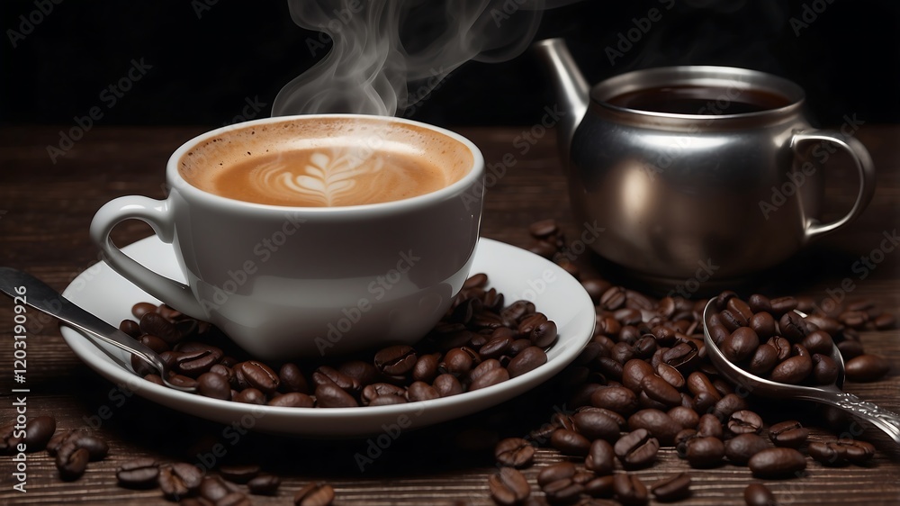 Steaming Cup of Coffee Surrounded by Fresh Coffee Beans on a Rustic Wooden Table Steaming Cup of Coffee Surrounded by Fresh Coffee Beans on a Rustic Wooden Table