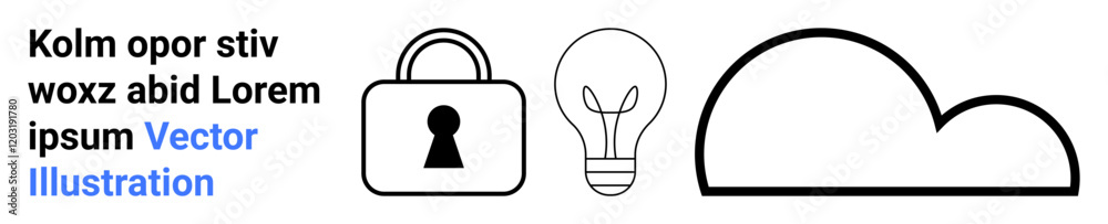 Security padlock, light bulb, and cloud outline in a row. Ideal for data security, innovation, cloud computing, online privacy, digital storage technology solutions cybersecurity. Landing page Security padlock, light bulb, and cloud outline in a row. Ideal for data security, innovation, cloud computing, online privacy, digital storage technology solutions cybersecurity. Landing page