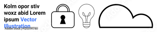 Security padlock, light bulb, and cloud outline in a row. Ideal for data security, innovation, cloud computing, online privacy, digital storage technology solutions cybersecurity. Landing page