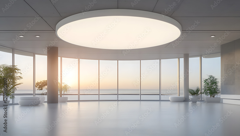 Obraz premium Minimalist Modern Interior with Curved Glass Wall and Scenic View