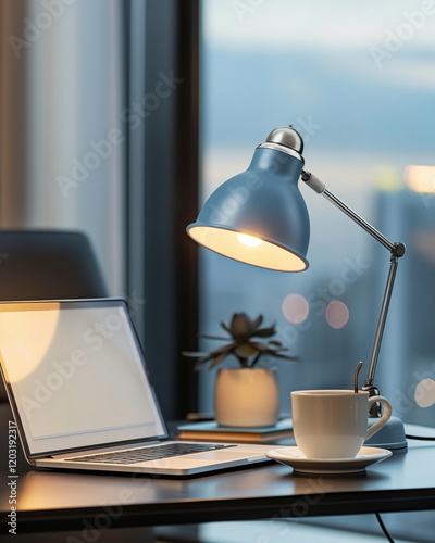 A snow-white office with one black tabletop a lapt_008