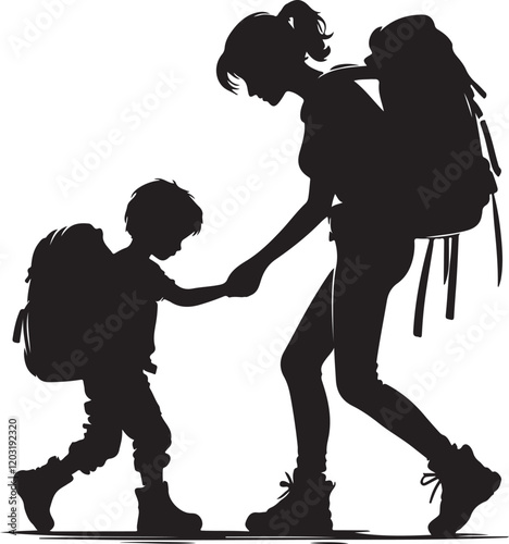 mother helping her child with a backpack silhouette vector illustration