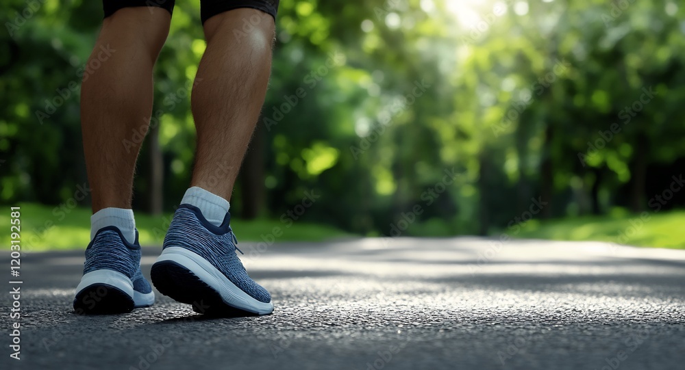 Person walks leisurely paved path bright sunlight vibrant green trees. AI Generated Person walks leisurely paved path bright sunlight vibrant green trees. AI Generated
