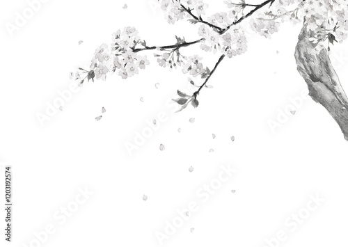 薄墨桜の枝と花びら モノトーン【水墨画風水彩イラスト】コピースペースあり 白バック 透過背景