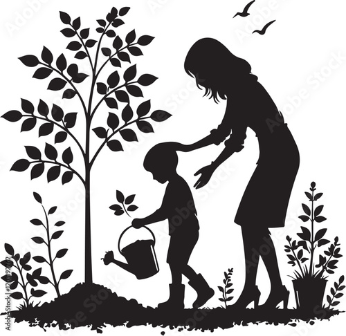 mother and child planting a sapling in a garden silhouette vector illustration