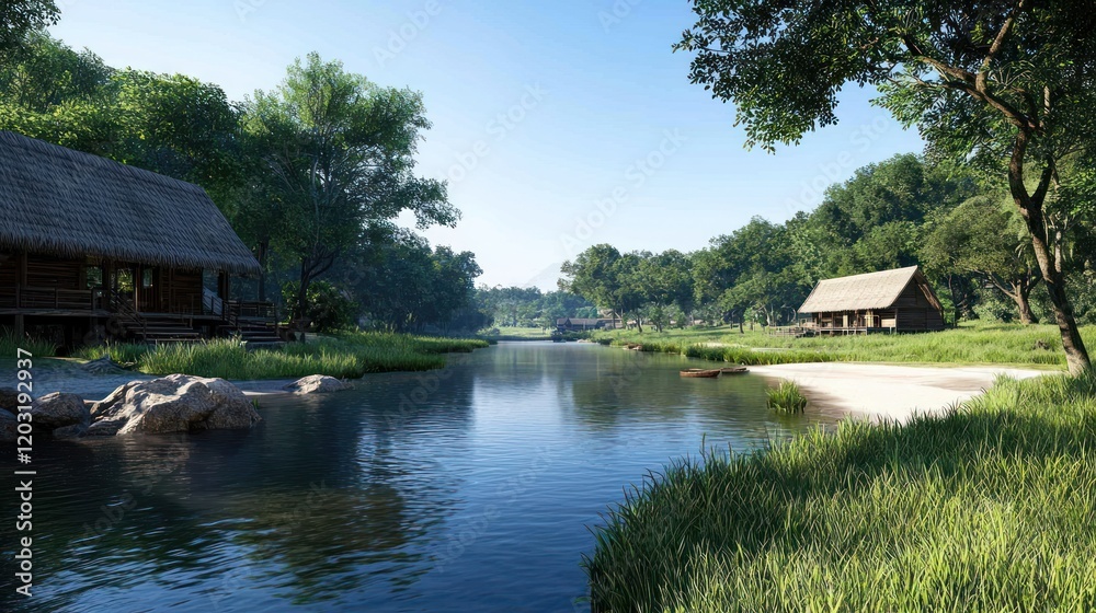 Obraz premium Tranquil River Village