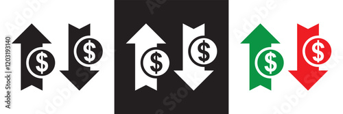 Money increase icon with arrow up symbol, dollar decrease icon .  profit and lose money vector icon.   isolated on white and black background. vector illustration. EPS 10