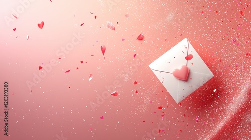 Love letter with heart seal on pink backdrop with falling confetti photo