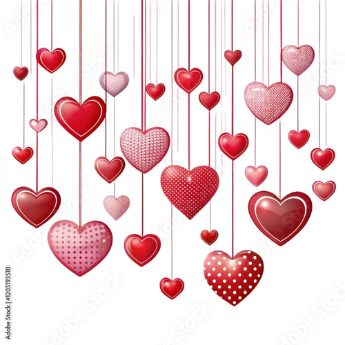 love background with hanging heart shapes on white