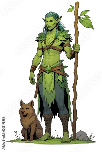 Fantasy druid with antlers, leafy attire, and a wooden staff, accompanied by a red fox, embodying nature and magic in a mystical theme.
