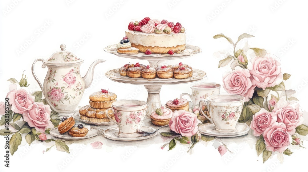 Watercolor illustration of British afternoon tea,tea break in the English style,tea set with Afternoon tea stand with macaroons and scone,cake,cup of tea,Tea time dessert table,vintage style.