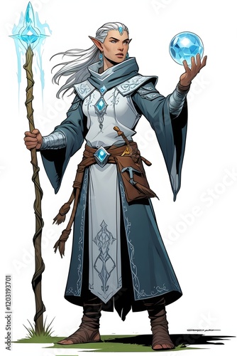 Elegant elf mage with long silver hair, wielding a glowing staff and magical orb, dressed in ornate robes, radiating mystical energy.