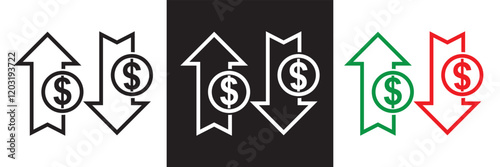 Money increase icon with arrow up symbol, dollar decrease icon .  profit and lose money vector icon.   isolated on white and black background. vector illustration. EPS 10