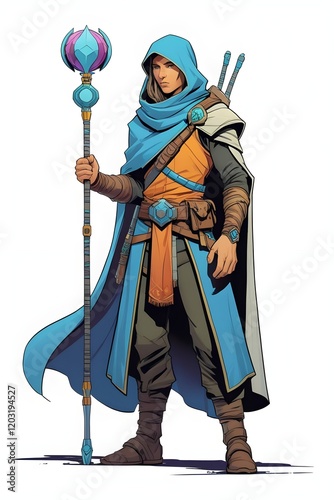 Fantasy mage in a blue hooded cloak, holding a glowing staff with mystical details, exuding magic and adventure in a medieval setting.