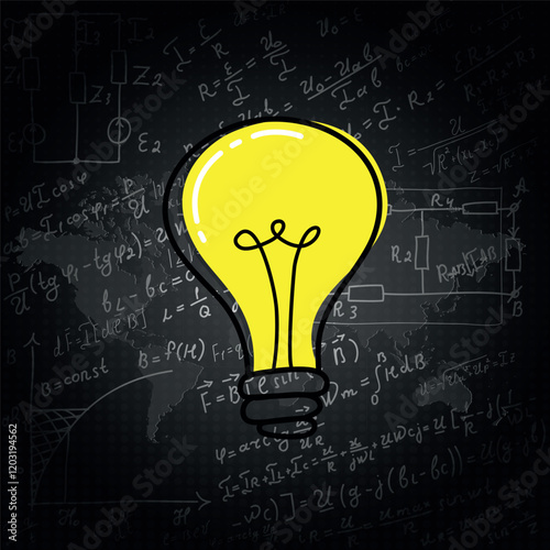 Mathematical equations and formulas around the light bulb on white background - vector illustration. Science.