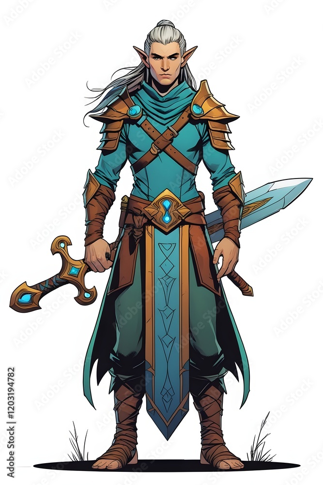 Fantasy elf warrior with long silver hair, wearing ornate teal and leather armor, holding a detailed sword in a heroic stance. Fantasy elf warrior with long silver hair, wearing ornate teal and leather armor, holding a detailed sword in a heroic stance.