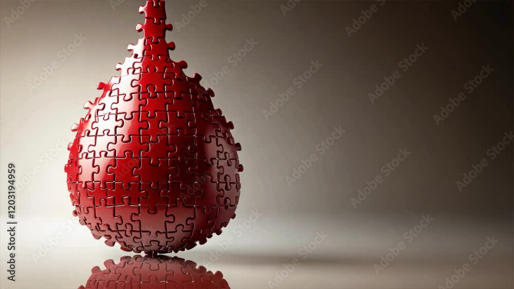 3D red puzzle pieces merge to create a realistic blood drop, Symbolizes unity and the significance of blood donations, plasma donation, and donating to save lives
