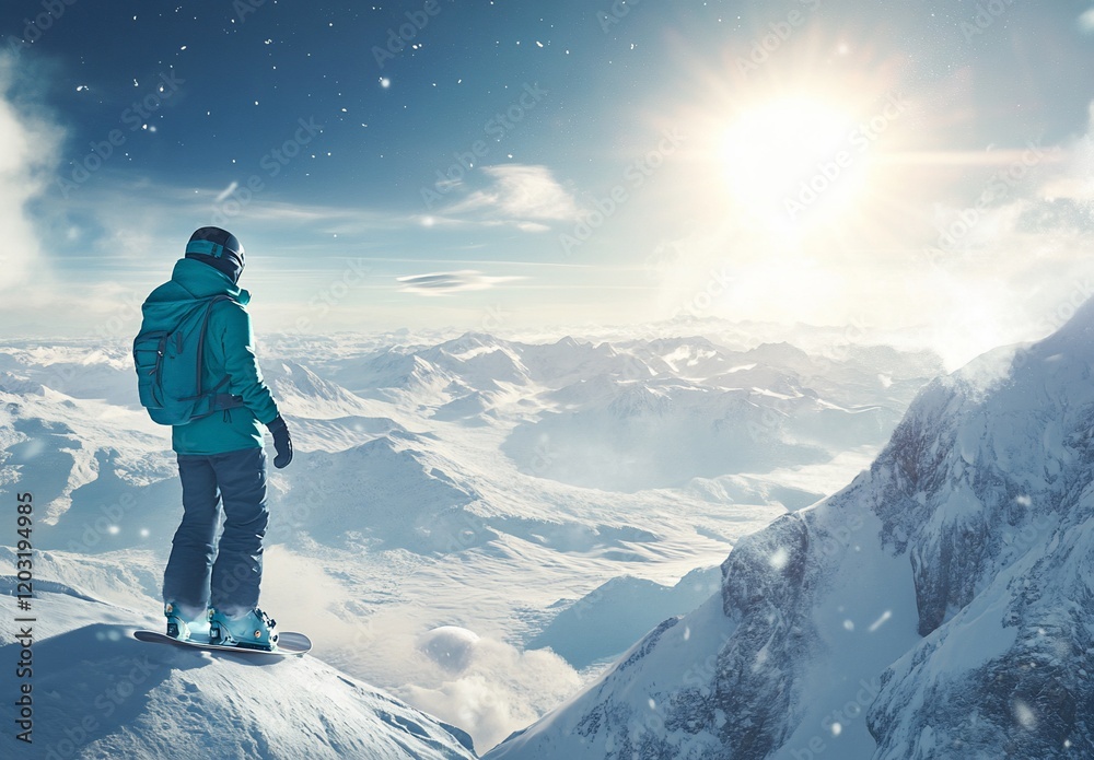 Snowboarder on mountain peak, enjoying panoramic winter landscape view. Snowboarder on mountain peak, enjoying panoramic winter landscape view.