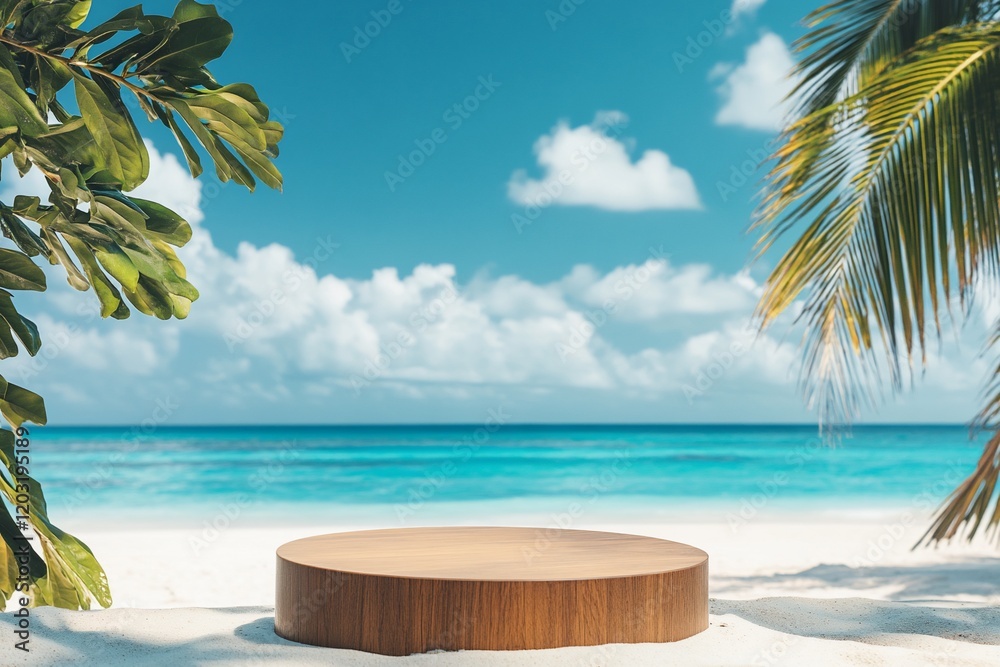 Fototapeta premium Tropical beach scene with wooden display platform. (1)