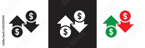 Money increase icon with arrow up symbol, dollar decrease icon .  profit and lose money vector icon.   isolated on white and black background. vector illustration. EPS 10