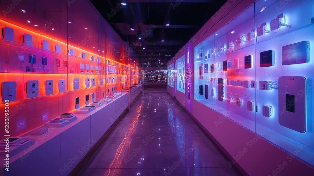 Neon-lit hallway showcasing smart home devices. Neon-lit hallway showcasing smart home devices.