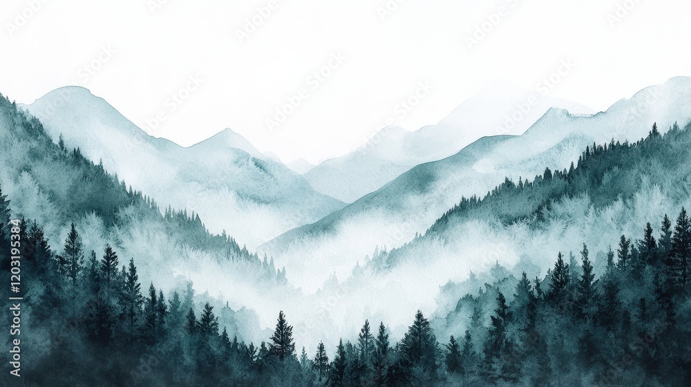 Obraz premium Watercolor of landscape forest misty mountains horizon and fog and hills,pine tree fir tree,Autumn forest background,drawn by hand,Autumn illustration design elements for landscape,wallpaper.