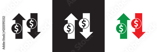 Money increase icon with arrow up symbol, dollar decrease icon .  profit and lose money vector icon.   isolated on white and black background. vector illustration. EPS 10
