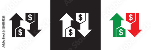 Money increase icon with arrow up symbol, dollar decrease icon .  profit and lose money vector icon.   isolated on white and black background. vector illustration. EPS 10