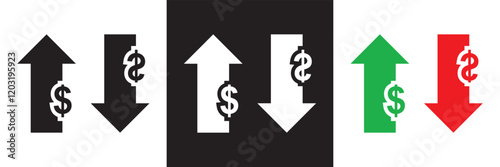Money increase icon with arrow up symbol, dollar decrease icon .  profit and lose money vector icon.   isolated on white and black background. vector illustration. EPS 10
