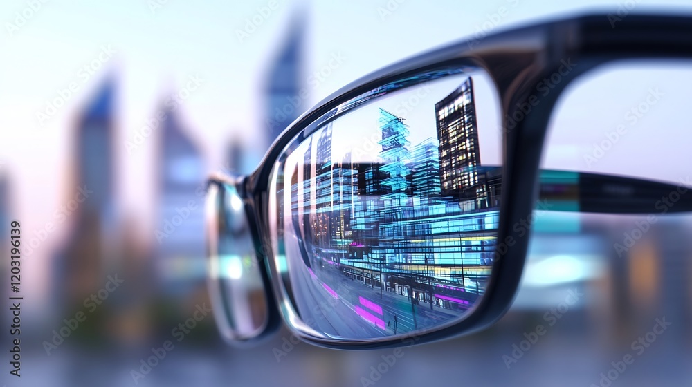 Cityscape reflected in stylish eyeglasses shows vibrant futuristic vision. AI Generated Cityscape reflected in stylish eyeglasses shows vibrant futuristic vision. AI Generated