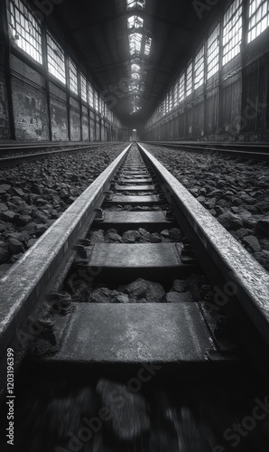 Old railway tracks in an abandoned industrial building at dusk photo