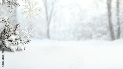 Serene winter landscape with snow-covered trees and delicate snowflakes, creating a peaceful and tranquil atmosphere. photo