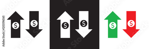Money increase icon with arrow up symbol, dollar decrease icon .  profit and lose money vector icon.   isolated on white and black background. vector illustration. EPS 10