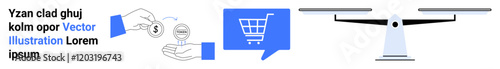 Shopping cart icon, hands exchanging money, speech bubble, scale. Ideal for e-commerce, finance, online transactions, feedback, delivery services, digital marketing, consumer reviews. Landing page