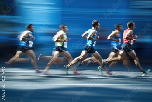 A group of men runners running in a road race, marathon run contest