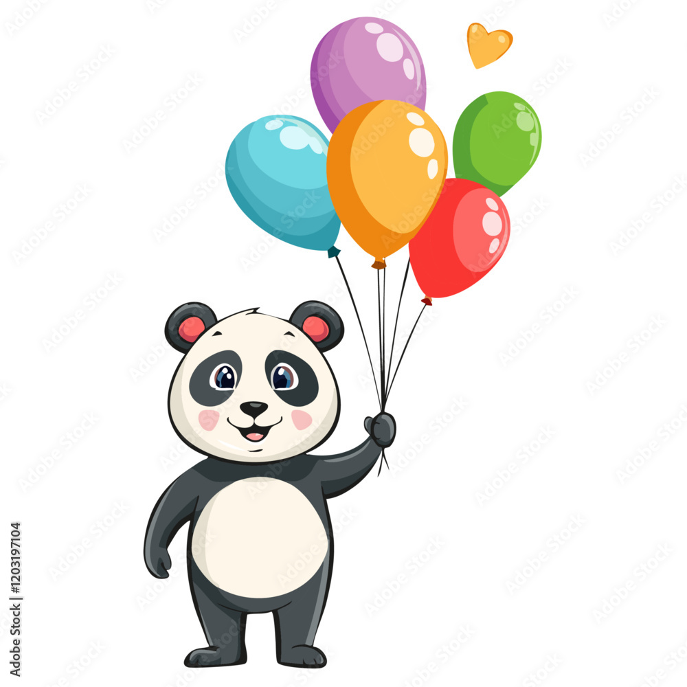 Obraz premium Cute panda holding colorful balloons in hands vector illustration. Character image for birthday greetings and cartoon style clothing print.