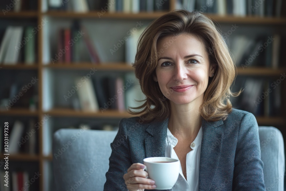Confident woman smiles, holding coffee, library background, professional portrait Confident woman smiles, holding coffee, library background, professional portrait