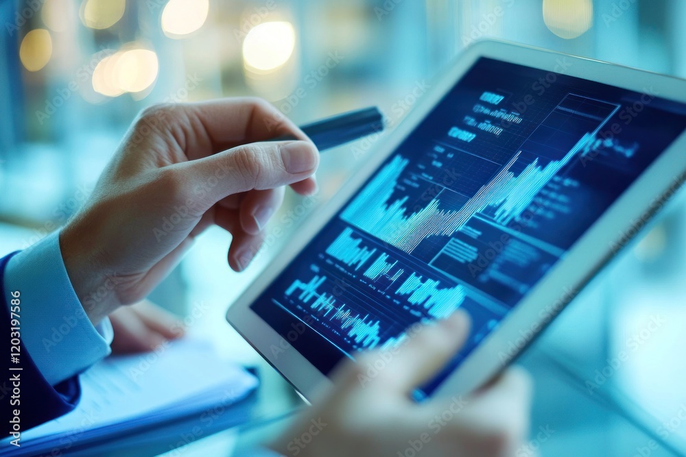 Analysts reviewing financial data on tablet, office background, market analysis Analysts reviewing financial data on tablet, office background, market analysis