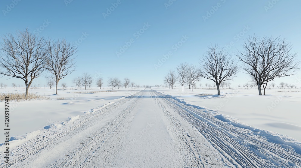 A serene snowy road lined with bare trees under a clear blue sky, capturing the essence of winter solitude and tranquility. A serene snowy road lined with bare trees under a clear blue sky, capturing the essence of winter solitude and tranquility.