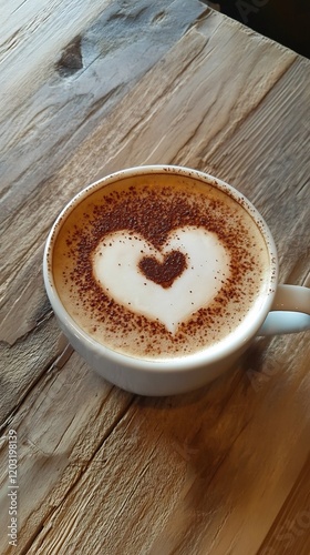 Warm light illuminates creamy cappuccino heart art. AI Generated