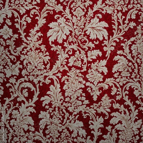 Vintage red wallpaper featuring an intricate flocked damask design on a crisp white background. The retro style exudes elegance, making it a perfect choice for classic home decor. 