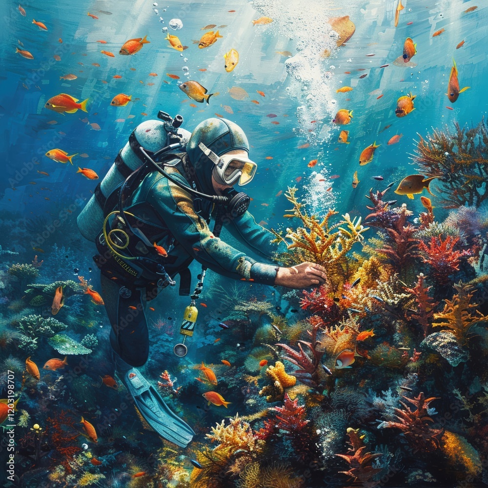 Create a captivating image featuring an eye-level angle view of a diver planting coral reefs, surrounded by colorful fish Convey the message of conservation and protection of marine life Create a captivating image featuring an eye-level angle view of a diver planting coral reefs, surrounded by colorful fish Convey the message of conservation and protection of marine life