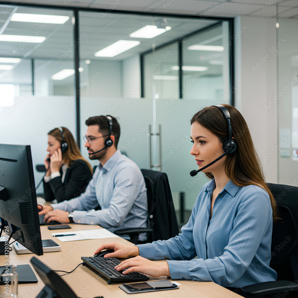 A team of call center employees wearing headsets, working professionally in a modern office. A team of call center employees wearing headsets, working professionally in a modern office.