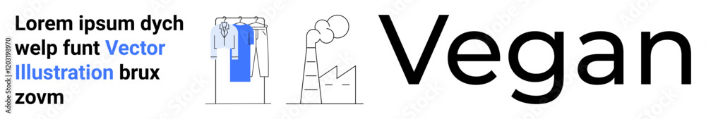 Minimalistic art featuring a factory with emissions, a hanging plant-based product, and the word Vegan. Ideal for environmental awareness, veganism, sustainability, healthy lifestyle, minimalism Minimalistic art featuring a factory with emissions, a hanging plant-based product, and the word Vegan. Ideal for environmental awareness, veganism, sustainability, healthy lifestyle, minimalism